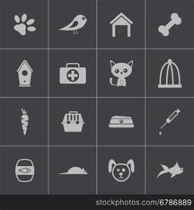 Vector black pet icons set on gray background. Vector black pet icons set