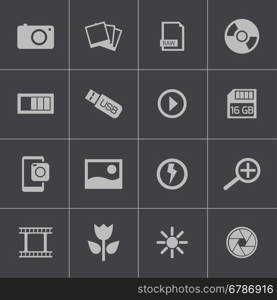 Vector black photo icons set on gray background. Vector black photo icons set