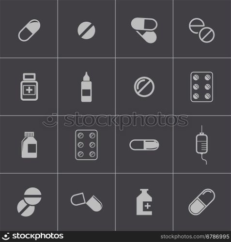Vector black pills icon set on grey background. Vector black pills icon set