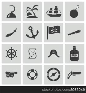 Vector black pirates icons set on white background. Vector black pirates icons set