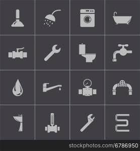 Vector black plumbing icons set on grey background. Vector black plumbing icons set