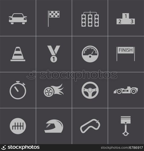 Vector black racing icons set on gray background. Vector black racing icons set