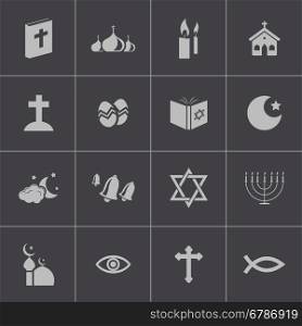 Vector black religion icons set on gray background. Vector black religion icons set