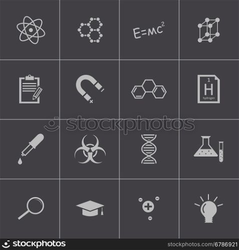 Vector black science icon set on gray background. Vector black science icon set