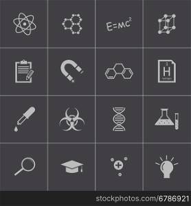Vector black science icon set on gray background. Vector black science icon set