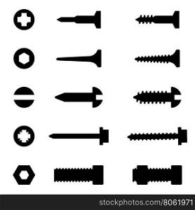 Vector black screws, nuts and nails icons set. Bolt icons