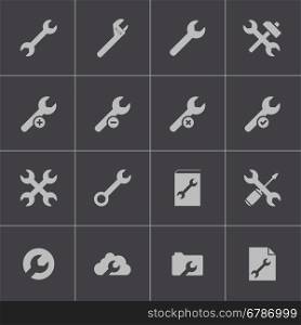 Vector black settings wrench icons set on grey background. Vector black settings wrench icons set