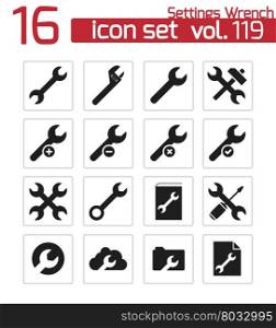 Vector black settings wrench icons set on white background. Vector black settings wrench icons set
