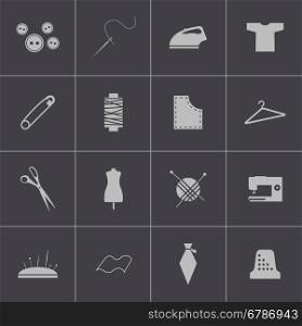 Vector black sewing icons set on gray background. Vector black sewing icons set