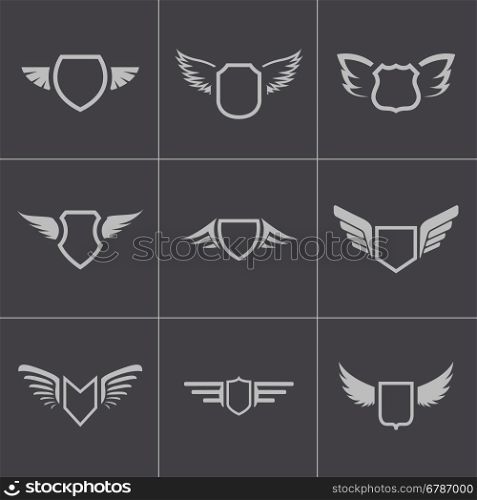 Vector black shield icons set on grey background. Vector black shield icons set