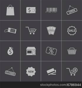 Vector black shop icons set on gray background. Vector black shop icons set