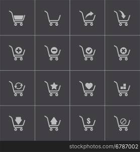 Vector black shopping cart icons set on grey background. Vector black shopping cart icons set