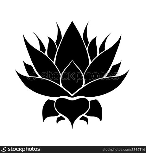 Vector black silhouette of lotus isolated from background. Natural sacred symbol for logo spa and yoga center. Print of water flower for icon. Contour lily for infographic. Vector black silhouette of lotus isolated from background. Natural sacred symbol for logo spa and yoga center.