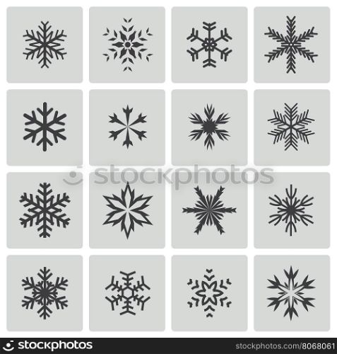 Vector black snowflake icons set on white background. Vector black snowflake icons set