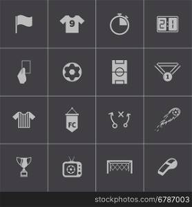 Vector black soccer icons set on grey background. Vector black soccer icons set