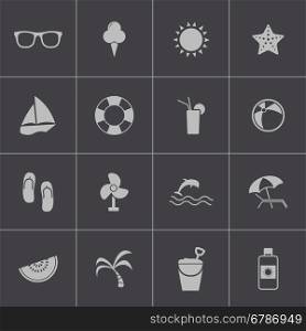 Vector black summer icons set on gray background. Vector black summer icons set