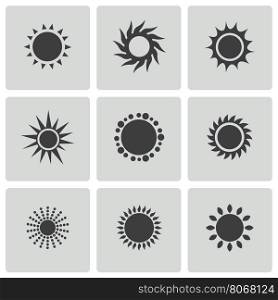 Vector black sun icons set on white background. Vector black sun icons set