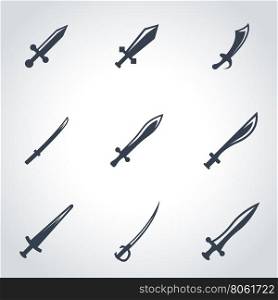 Vector black sword icon set. Sword Icon Object, Sword cart Icon Picture, Sword Icon Image - stock vector