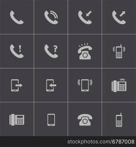 Vector black telephone icons set on grey background. Vector black telephone icons set