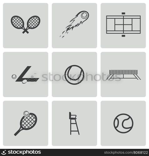 Vector black tennis icons set on white background. Vector black tennis icons set