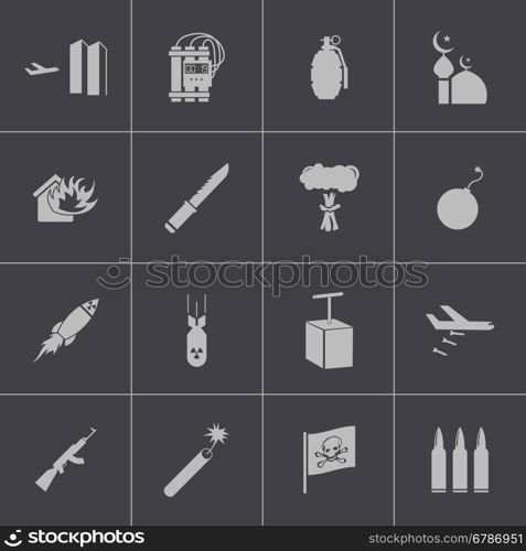 Vector black terrorism icons set on gray background. Vector black terrorism icons set