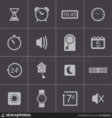 Vector black time icons set on gray background. Vector black time icons set