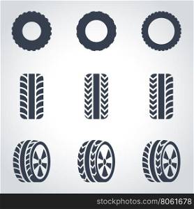 Vector black tire icon set. Vector black tire icon set on grey background
