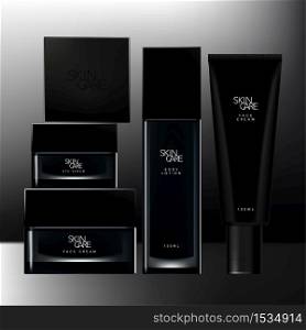 Vector Black Toiletries or Beauty Packaging Set with Black square Cap Clear Jar, Bottle & Tube.