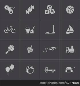 Vector black toys icons set on grey background. Vector black toys icons set