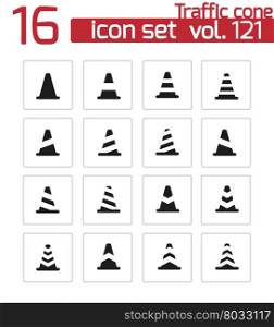 Vector black traffic cone icons set on white background. Vector black traffic cone icons set