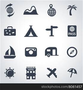 Vector black travel icon set. Vector black travel icon set on grey background