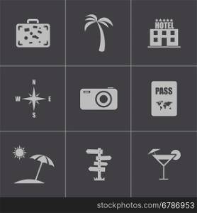 Vector black travel icons set on grey background. Vector black travel icons set