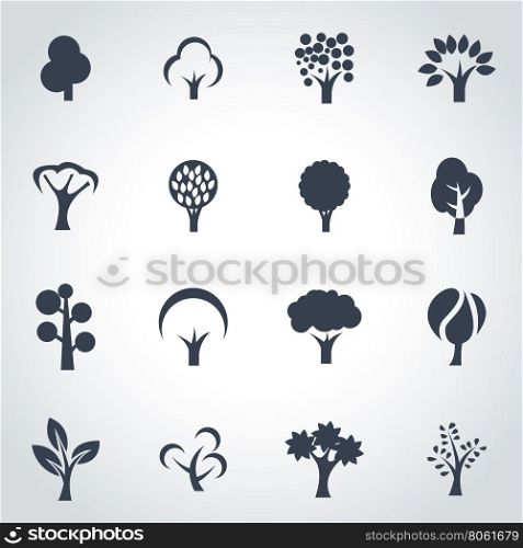Vector black trees icon set. Vector black trees icon set on grey background