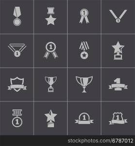 Vector black trophy and awards icons set on grey background. Vector black trophy and awards icons set