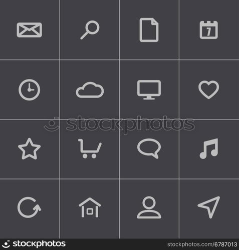 Vector black universal icons set on grey background. Vector black universal icons set