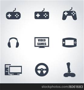 Vector black video games icon set. Vector black video games icon set on grey background