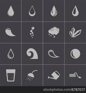 Vector black water icons set on grey background. Vector black water icons set