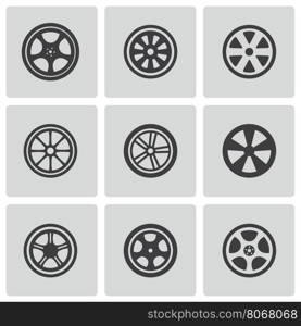 Vector black wheel disks icons set on white background. Vector black wheel disks icons set