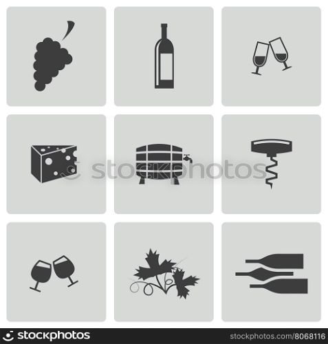 Vector black wine icons set on white background. Vector black wine icons set