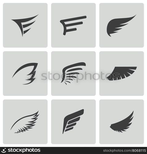 Vector black wing icons set on white background. Vector black wing icons set