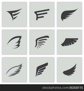 Vector black wing icons set on white background. Vector black wing icons set