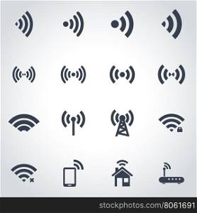 Vector black wireless icon set. Wireless Icon Object, Wireless Icon Picture, Wireless Icon Image, Wireless Icon Graphic, Wireless Icon JPG, Wireless Icon EPS, Wireless Icon AI - stock vector