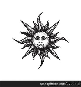 vector black work tattoo dot art hand drawn engraving style vintage sun face illustration isolated white background&#xA;
