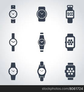 Vector black wristwatch icon set. Wristwatch Icon Object, Wristwatch Icon Picture, Wristwatch Icon Image - stock vector