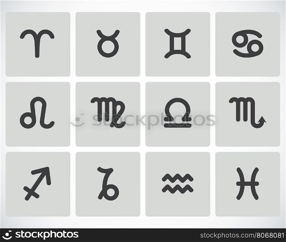 Vector black zodiac icons set on white background. Vector black zodiac icons set
