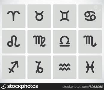 Vector black zodiac icons set on white background. Vector black zodiac icons set