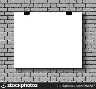 Vector Blank paper poster mock up on the brick wall. Template of a paper sheet with clips. Paper card hanging on the rop.. Poster mock up on the brick wall