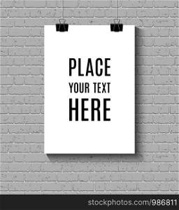Vector Blank paper poster mock up on white brick wall. Template of a paper sheet with clips. Paper card hanging on the rop.. Poster mock up on the brick wall