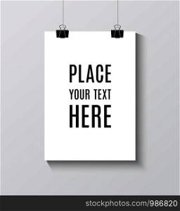 Vector Blank paper poster mock up on white wall. Template of a paper sheet with clips hanging on the rop.. Poster mock up on the brick wall