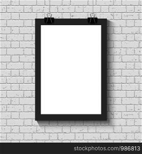 Vector blank white paper poster with black frame mock up on the brick wall. Template of a paper sheet with clips. Paper card hanging on the rop.. Poster mock up on the brick wall